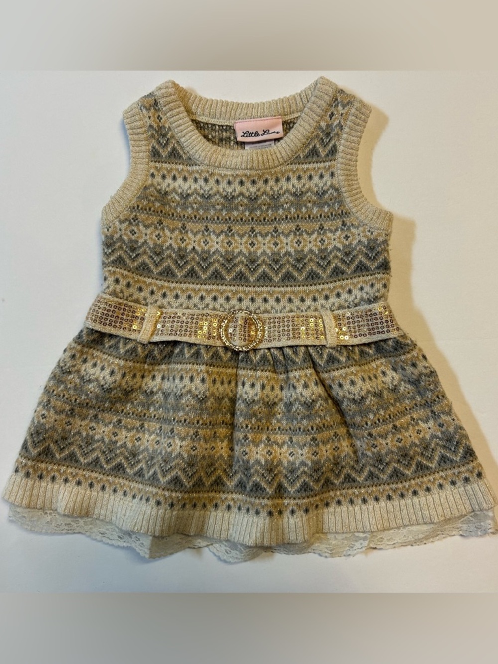 Little Lass Cream & Gray Fair Isle Knit Dress with Gold Sequin Belt